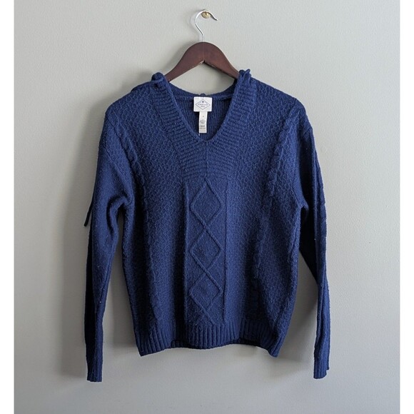St. John's Bay Sweaters - St. John's Bay Womens Medium Blue Hooded Cable Knit Sweater V-Neck Pullover M